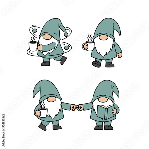 Cartoon gnomes enjoying coffee and reading together in a minimalist style