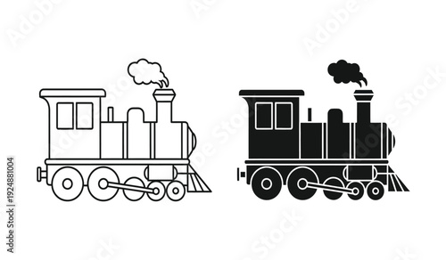 Black and white steam train locomotives in line art style