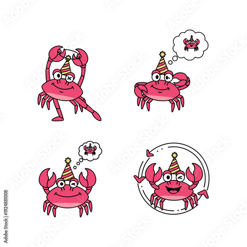 Crab cartoon characters wearing party hats and celebrating in different poses