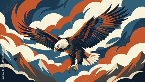 Majestic Bald Eagle Soaring Over Mountains - Patriotic Symbolism & Freedom Concept