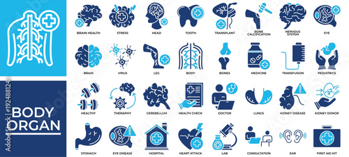 Body Organ icon set collection. Containing organ, bones, mind, stomach, frustration, anatomy, lab .Solid vector icons collection