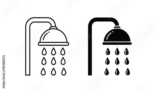 Black and white shower head icons with water droplets on a pure