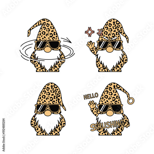 Cheetah print gnomes with sunglasses in various poses on white background