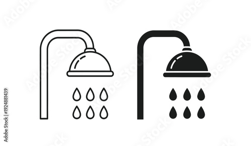 Black and white line art illustration of two shower heads with water droplets on a pure