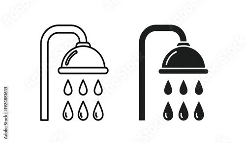 Black and white shower head icons with water droplets on a pure