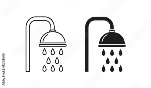 Black and white shower head icons with water droplets
