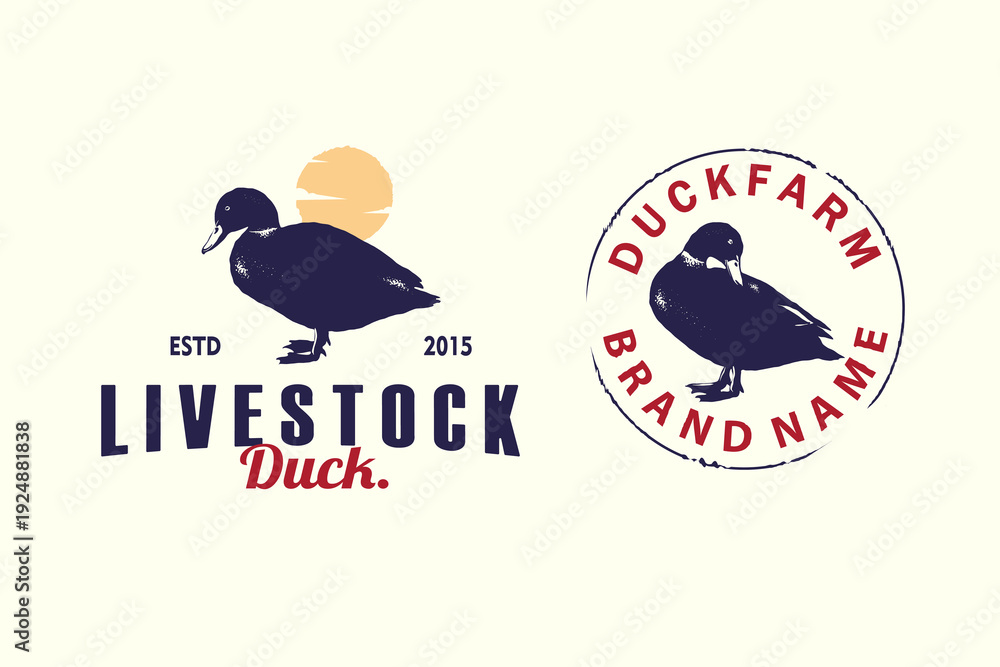 Fototapeta premium Vintage duck farm logo vector illustration hand drawn silhouette badge and emblem style, traditional livestock branding isolated on white background