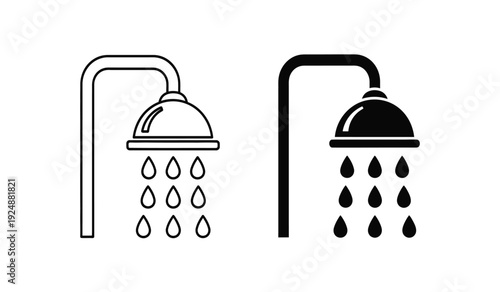 Black and white shower head icons with water droplets