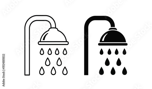 Black and white shower head icons with water droplets
