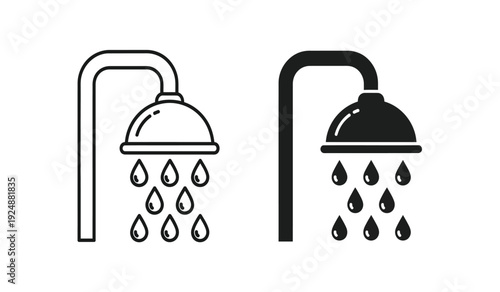 Black and white shower head icons with water droplets on pure
