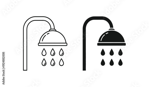 Black and white line art illustration of two shower heads with water droplets