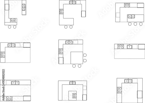 Kitchen layout floor plan set, Modular kitchen design top view, Architectural Kitchen, Blueprint, Vector, Illustration