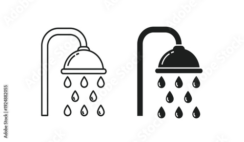 Black and white shower head icons with water droplets, simple bathroom symbols