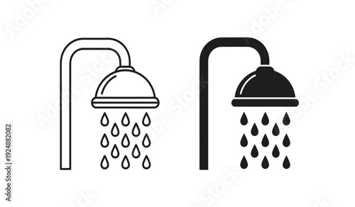 Black and white shower head icons with water droplets on pure