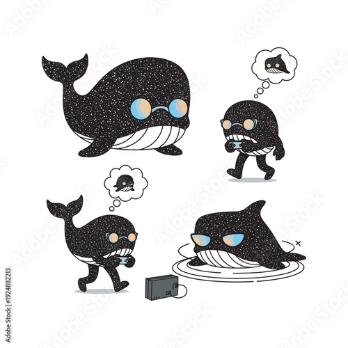 Cartoon orca whales experiencing technology issues in a humorous illustration with copy space