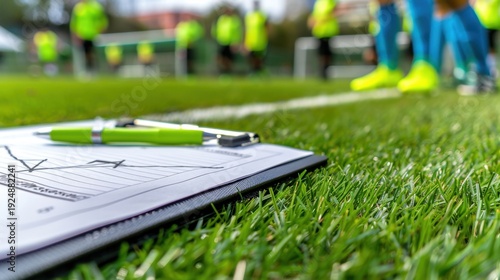 Wallpaper Mural Coaching Session Notes on Soccer Field with Grass and Players in Background During Sports Training event Torontodigital.ca