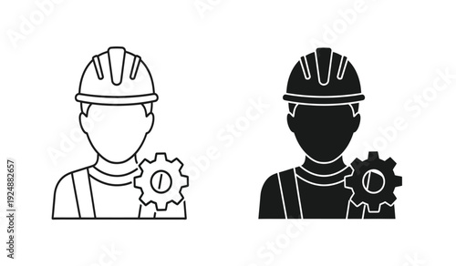 Black and white line icons of workers with gear, construction workers with safety helmets