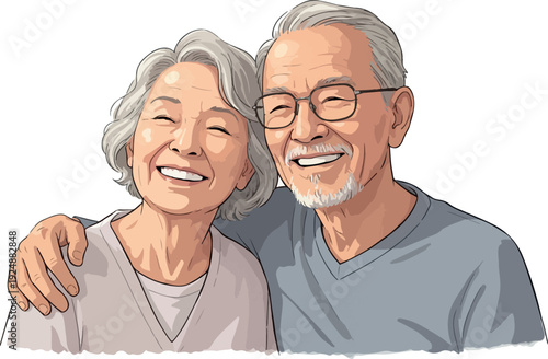Smiling Elderly Couple Embrace Warmly In Casual Outfits White Background