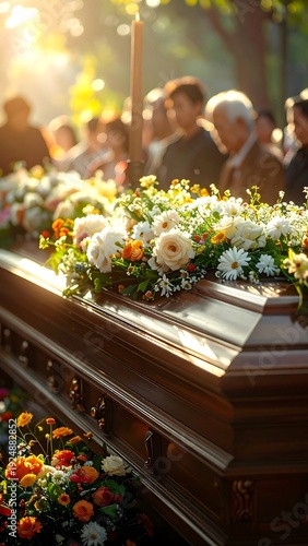 A funeral scene with a casket adorned with flowers