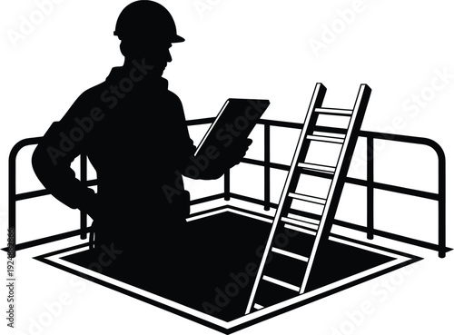 Worker in hard hat looking at tablet near ladder on industrial platform with railing