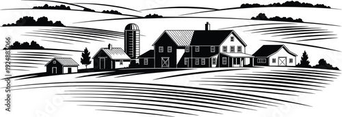 Classic farm scene with barn, silo, and fields under open sky, detailed vector art