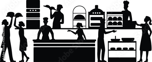 Chefs and staff in commercial kitchen with ovens and equipment, food preparation silhouette