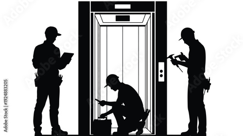 Elevator repairmen fixing lift service and maintenance industry safety first workers