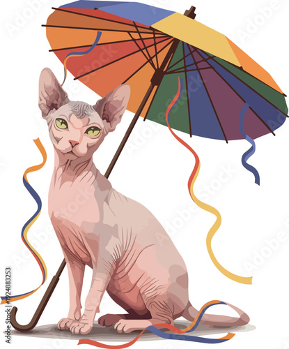 Sphynx Cat With Colorful Umbrella And Streamers Flat Design Illustration