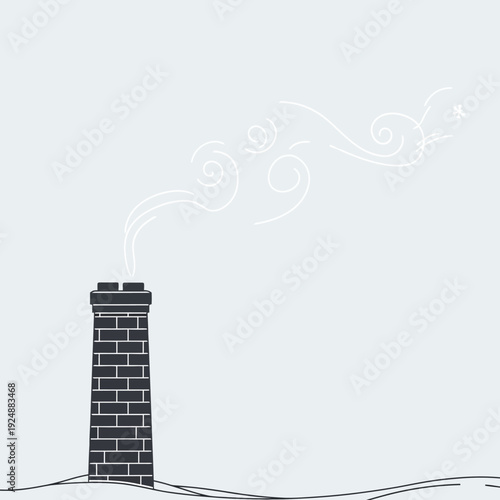Brick chimney emitting smoke against a light blue background.