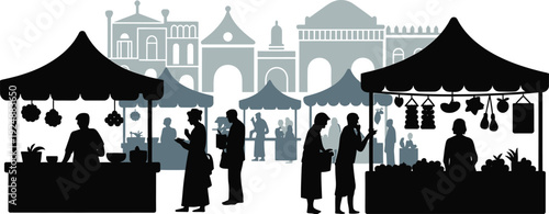 Outdoor market fair scene with vendors and shoppers browsing various stalls in European square