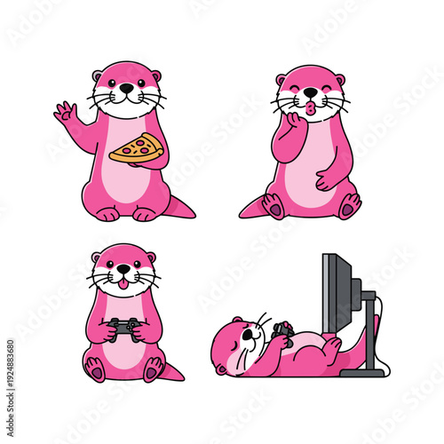Pink cartoon otter character in various playful poses with technology and food