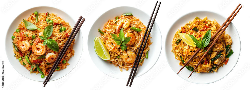 Naklejka premium Spicy chicken fried rice Khao Pad with vegetables and herbs, isolated on white background, concept of Asian food