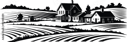 Rural landscape with farm buildings and cultivated fields under an open sky, detailed vector