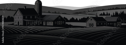 Rustic farm with barn, silo, and fields, black and white vector illustration, evening scene