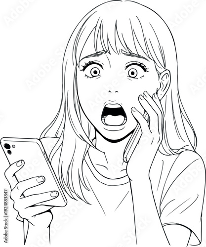 Surprised Woman Holding Smartphone Black And White Minimalist Comic Style
