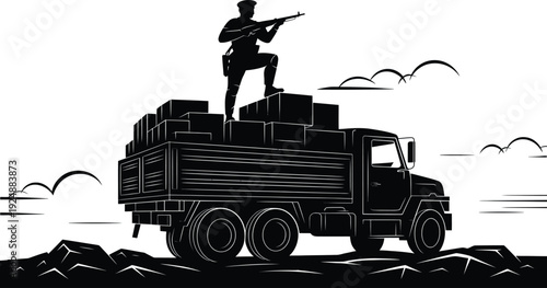 Soldier standing on truck with gun, loaded boxes, military convoy, stylized landscape silhouette