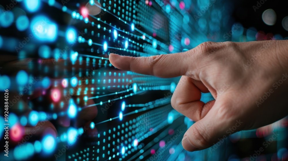 Fototapeta premium Close Up View of Finger Touching Digital Interface with Vibrant Data Points and Abstract Technology Background