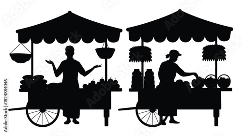 Vendor street food market silhouette with food on wheels selling fruits and vegetables