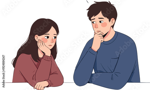Thoughtful Couple Pondering Decisions Flat Design Illustration
