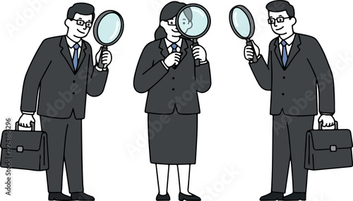 Three Business People In Suits With Briefcases Examining Through Magnifying Glass