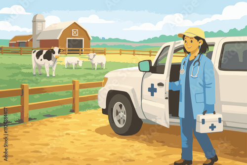 Farm Veterinarian in Field Visit Flat vector illustration of a farm veterinarian arriving at a farm in a pickup truck. Livestock and open fields visible. Flat vector style, mobile veterinary service.
