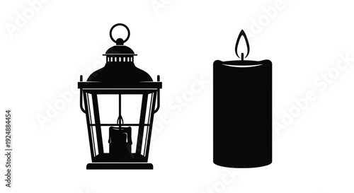 Black silhouettes of an antique lantern and a lit candle