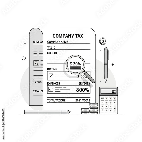 Company Tax Document Analysis with Magnifying Glass and Calculator.