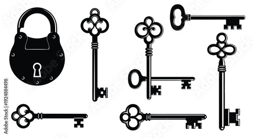 Antique padlock and ornate keys arranged in a black and white illustration