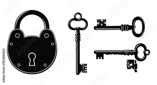 Black and white illustration of a padlock and various antique keys