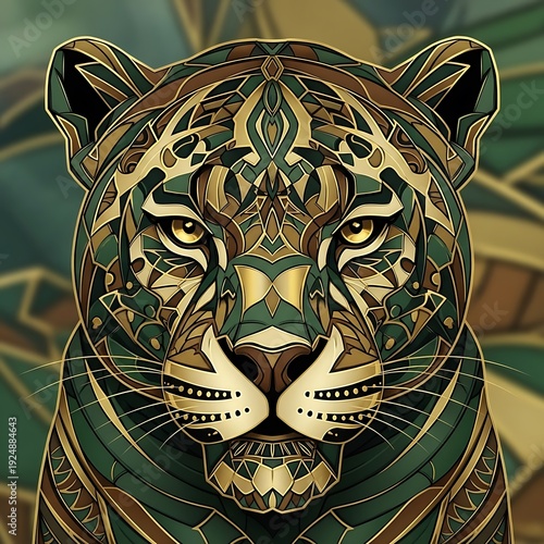 Intricate geometric design portrays the intense gaze of a feline predator in shades of green and gold