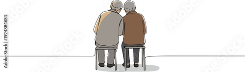 Two Elderly People Sitting Together with Gray and Brown Outfits on White Background