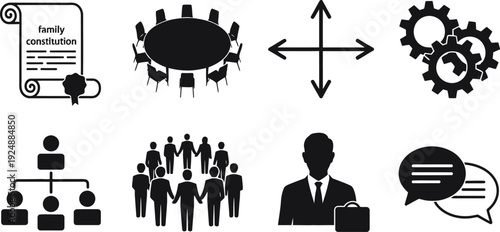 A collection of black and white business icons on a clean background