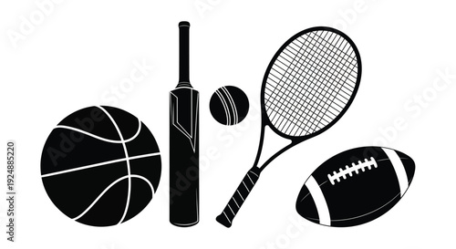 A collection of sporting equipment including a cricket bat tennis racket and balls