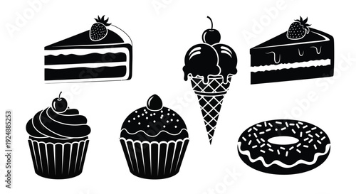 Black and white illustration of various desserts including cake ice cream and donuts